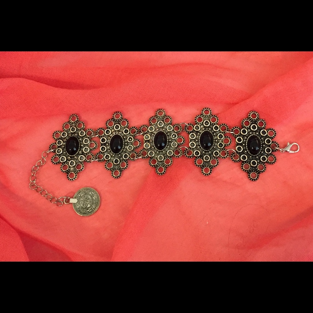 BOHO Bracelet Antique Silver w/Black Rhinestones